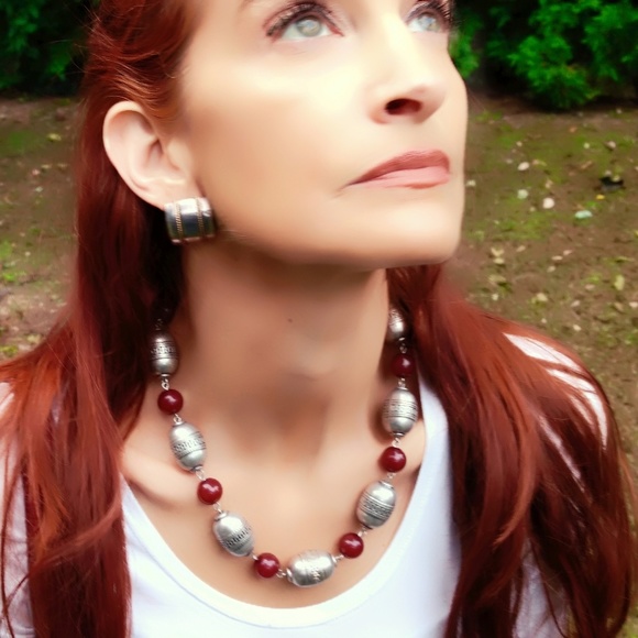 Vintage Jewelry - Vintage Silver and Catilan Tribal Bead Necklace